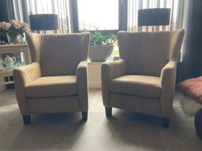Set van 2 leren oorfauteuils met houten poten - bruin leer - Echt leer, Landelijk, ontdek de vele Leersoorten en Kleuren bij ShopX