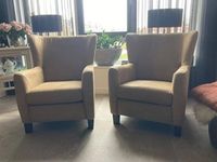 Set van 2 leren oorfauteuils met houten poten - bruin leer - Echt leer, Landelijk, ontdek de vele Leersoorten en Kleuren bij ShopX