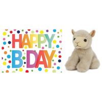 Pluche knuffel lammetje/schaap 13 cm met A5-size Happy Birthday wenskaart - thumbnail