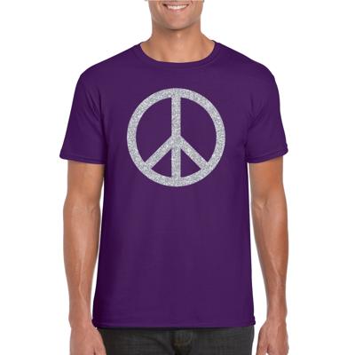 Flower Power Peace teken t-shirt - paars - zilveren glitter print - heren - Sixties - Hippie