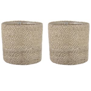 2x stuks naturel rotan planten pot mand van gedraaid jute/riet H20 en D20 cm