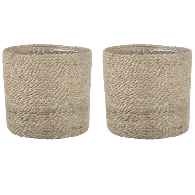 2x stuks naturel rotan planten pot mand van gedraaid jute/riet H20 en D20 cm