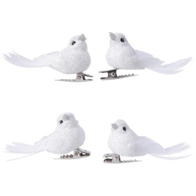 Decoris vogeltjes - 12x stuks - glitter wit - kunststof - 5 cm - op clip - kerstdecoratie