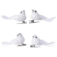Decoris vogeltjes - 12x stuks - glitter wit - kunststof - 5 cm - op clip - kerstdecoratie