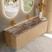 Badmeubel Mondiaz Kurve-Dlux | 145 cm | Meubelkleur Oak | Wastafelkleur Sombra | Solid surface | Dubbel / Links spoelbak | 2 kraangaten
