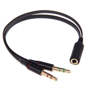 Audio Jack 3.5mm Y-Splitter M/F, Stereo+Microfoon, platte kabel, zwart, oa iPhone/Samsung headset