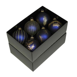 Luxe gedecoreerde kerstballen - 12x stuks - donkerblauw - glas - 8 cm