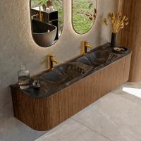 Mondiaz KURVE-DLUX 170 cm Onderkast Greeploos 1 Lade Met Deuren Walnut, Wastafel Solid Surface Dubbel Lava 2 Kraangaten Zonder Spiegel (KRVLEA170L+R1L2D2KD-Wal/Lav)