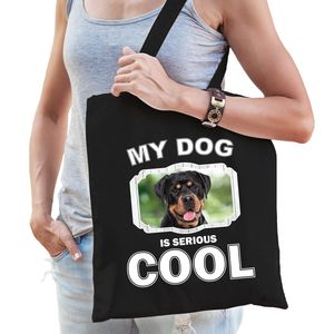 Katoenen tasje my dog is serious cool zwart - Rottweiler honden cadeau tas