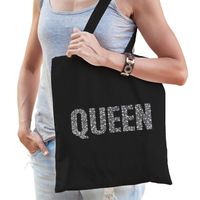 Glitter Queen katoenen tas zwart rhinestones steentjes voor dames - Glitter tas/ outfit - Feest Boodschappentassen