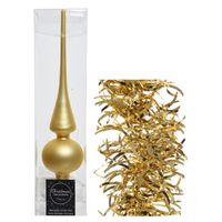 Kerstversiering glazen piek mat 26 cm en golf folieslingers pakket goud van 3x stuks