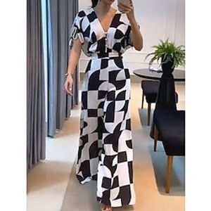 Dames Jumpsuit Geometrisch V-hals Formeel Feestdagen BreedBeen Normale pasvorm Korte mouw Zwart S M L Alle seizoenen Lightinthebox