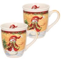 2x Kerstmokken sneeuwpop met rode muts 11 cm kerst artikelen