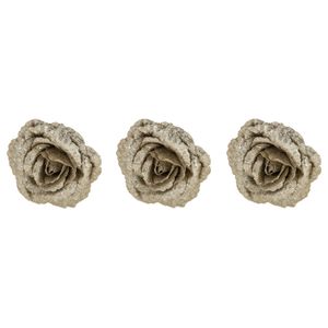 3x stuks decoratie bloemen roos champagne glitter op clip 18 cm