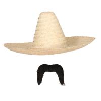 Carnaval verkleed set - Mexicaanse sombrero hoed met plaksnor - naturel - heren