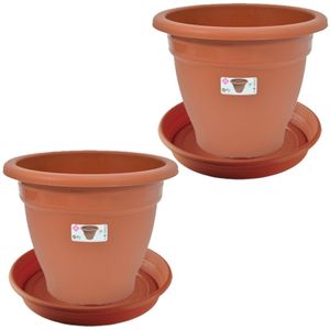 2x stuks bloempot met onderschaal terra cotta rond diameter 50 cm