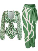 Vacation Geometric Printing V Neck Bikini With Cover Up - thumbnail