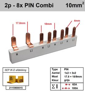SEP Verdeelkam fase nul voor 1 aardlekschakelaar 2 modules en 3 automaten 1 module pin 2x18mm