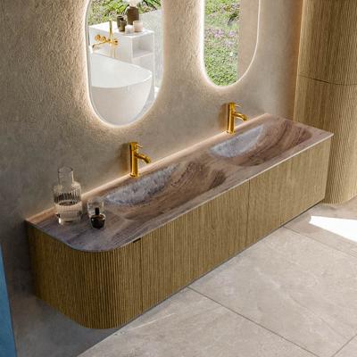 Badmeubel Mondiaz Kurve-Dlux | 175 cm | Meubelkleur Dusk | Wastafelkleur Oza | Solid surface | Dubbel / Rechts spoelbak | 2 kraangaten