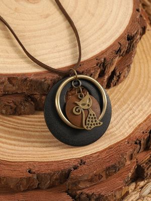 Vintage Wooden Cat Pattern Geometric Pendant Necklace Women Boho Sweater Chain