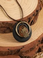 Vintage Wooden Cat Pattern Geometric Pendant Necklace Women Boho Sweater Chain - thumbnail