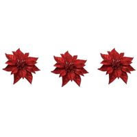 3x Kerstversieringen kerststerren bloemen rode op clip - Kersthangers - thumbnail