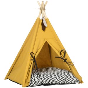 PawHut Kattengrot Kattentent Huisdierbed Tipi Design Kattenhuis Geel