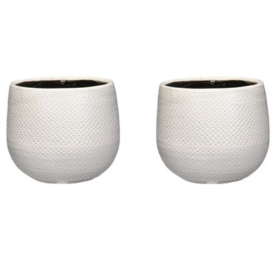 Set van 3x stuks bloempotten wit ribbels keramiek voor kamerplant H14 x D16 cm