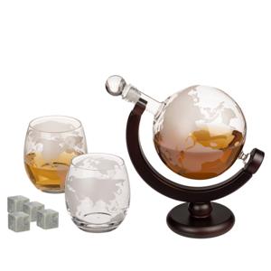 Whiskey karaf cadeau set - met 2 glazen en koelstenen - 850 ml - wereldbol