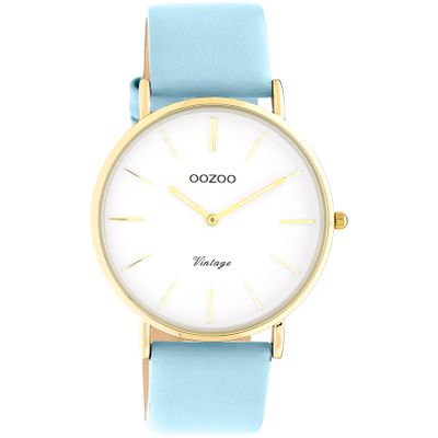 OOZOO C20225 Horloge Vintage staal-leder goudkleurig-lichtblauw 40 mm