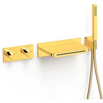 Badkraan Tres B-System | Inbouw | Thermostaatkraan | Incl.Inbouwdeel | Waterval uitloop | 2-weg | Rechthoek | 24k Goud glans