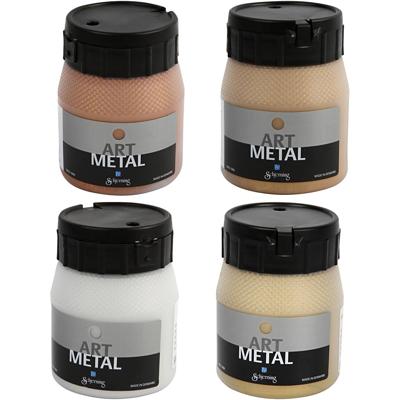 Schjerning Hobbyverf metallic, afm 5190, 5102, 5104, 5110, koper, licht goud, medium goud, zilver, 4x250 ml/ 1 doos