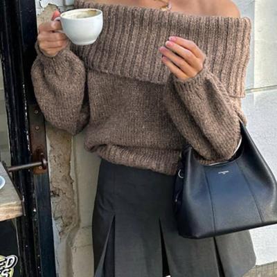 Bon&Bon Women's Off-Shoulder Loose Casual Sweater - Dark Grey Knit Khaki / M