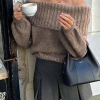 Bon&Bon Women's Off-Shoulder Loose Casual Sweater - Dark Grey Knit Khaki / M