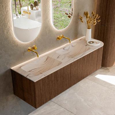 Badmeubel Mondiaz Kurve-Dlux | 155 cm | Meubelkleur Walnut | Wastafelkleur Nata | Solid surface | Dubbel / Links spoelbak | Zonder kraangat(en)