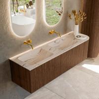 Badmeubel Mondiaz Kurve-Dlux | 155 cm | Meubelkleur Walnut | Wastafelkleur Nata | Solid surface | Dubbel / Links spoelbak | Zonder kraangat(en)
