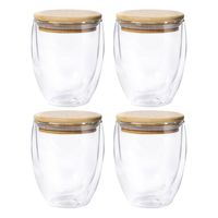 Thermische koffieglazen/theeglazen dubbelwandig - 4x - met bamboe deksel - 250 ml