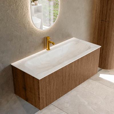 Badmeubel Mondiaz Kurve-Dlux | 110 cm | Meubelkleur Walnut | Wastafelkleur Ostra | Solid surface | Midden spoelbak | 1 kraangat