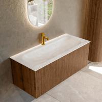 Badmeubel Mondiaz Kurve-Dlux | 110 cm | Meubelkleur Walnut | Wastafelkleur Ostra | Solid surface | Midden spoelbak | 1 kraangat Badmeubel Mondiaz Kurve-Dlux | 110 cm | Meubelkleur Walnut | Wastafelkleur Ostra | Solid surface | Midden spoelbak | 1 kraangat
