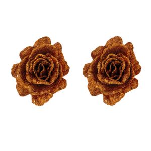 2x stuks decoratie bloemen roos koper glitter op clip 10 cm