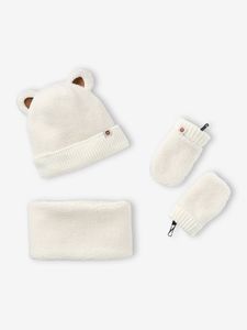 Set voor babyjongen 'Bear Mood' met muts + snood + wanten  van sherpa ecru