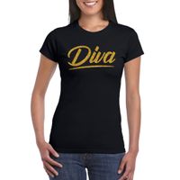 Diva goud tekst t-shirt zwart dames - Glitter en Glamour goud party kleding shirt