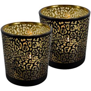 Theelichthouder - Set van 2x stuks - mat zwart - 18 cm - jaguar print - glas - waxinelichthouder