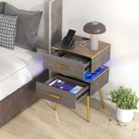 Nachtkastje met Contactdoos Intelligent Nachtkastje met 2 Laden en LED-Verlichting in 16 Kleuren Instelbare Helderheid Afstandsbediening