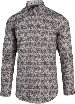 Blue Industry Heren Overhemd Grijs Met Blader Print Perfect Fit