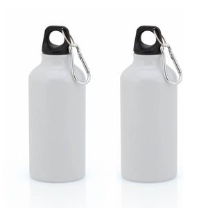 2x Stuks aluminium waterfles/drinkfles wit met schroefdop en karabijnhaak 400 ml - Drinkflessen