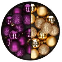 Kleine kerstballen - 28x st - goud en paars - 3 cm - kunststof