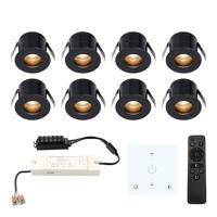 Set van 8 Olivia LED Mini Inbouwspots met Trafo en Muurdimmer - 12 Volt 3 Watt 150 lumen - Dimbaar - Verzonken - Plat 36mm - 2700K - IP44 waterdicht - Zwart