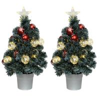 2x stuks fiber optic kerstbomen/kunst kerstbomen met verlichting en kerstballen 60 cm - Kunstkerstboom