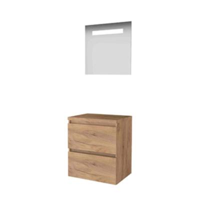 Basic-Line Economic 46 Badkamermeubelset - 60 x 46 cm - Greeploos - 2 Lades - Wastafelblad - Spiegel met LED Verlichting - Whisky Oak